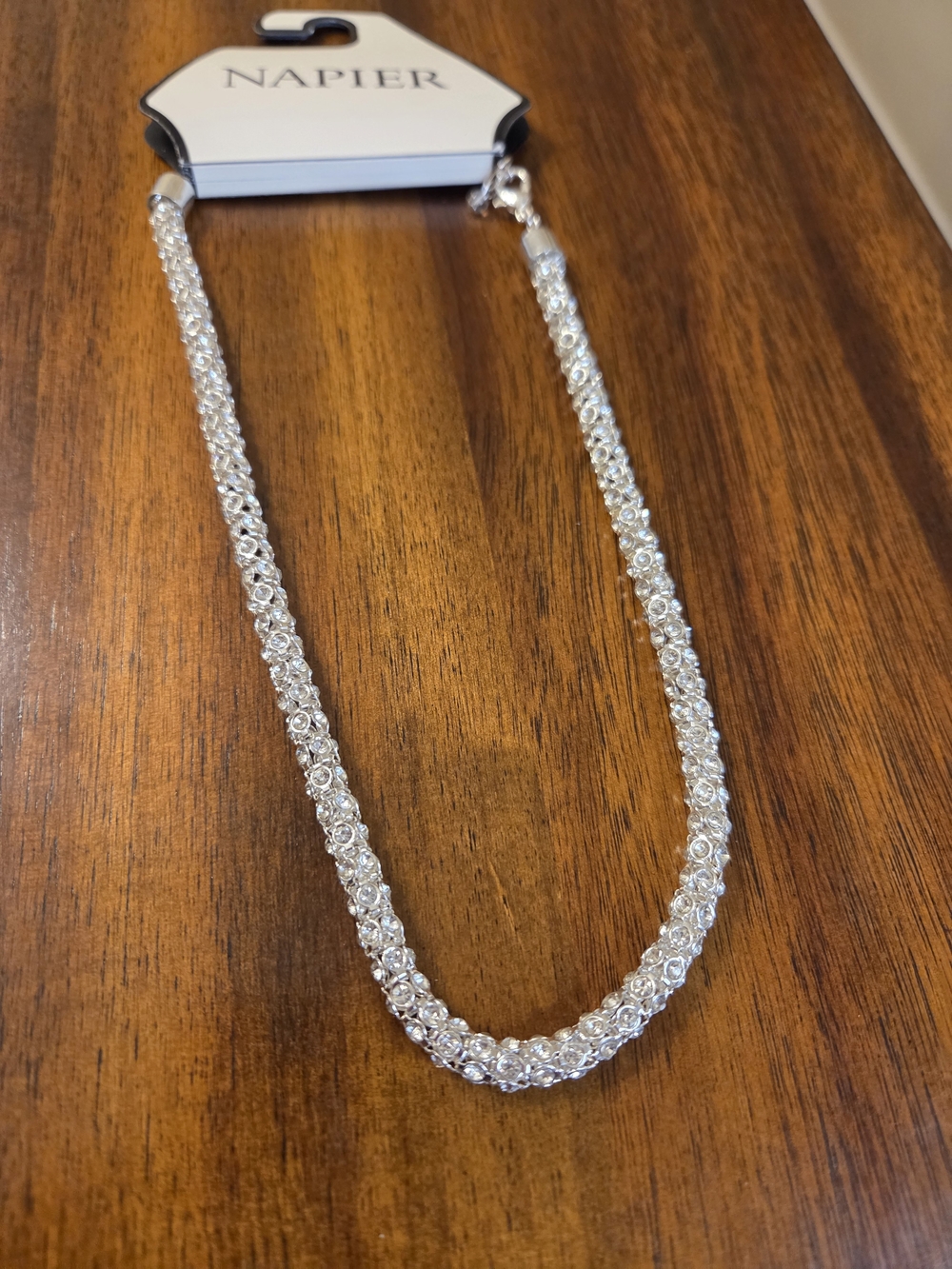 Napier Silver Tone Crystal Pave Mesh Tubular Collar Necklace